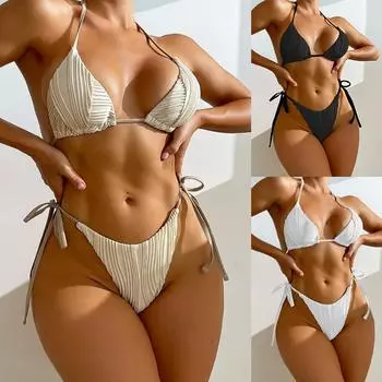 Новый сексуальный однотонный купальник бикини, женский купальник, комплект бикини с эффектом пуш-ап, бразильский купальный костюм, летняя пляжная одежда, купальный костюм S чёрный