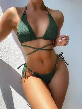 Новый сексуальный однотонный микро-мини-купальник женский купальник женский бандажный комплект бикини на бретельках бразильский купальный костюм пляжная одежда S темно-зеленого