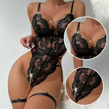 Новый сексуальный перспективный кружевной цветок в паре с цепочками, завязками, свисающими бретельками со спины, обтягивающий комбинезон, женское сексуальное нижнее белье XL