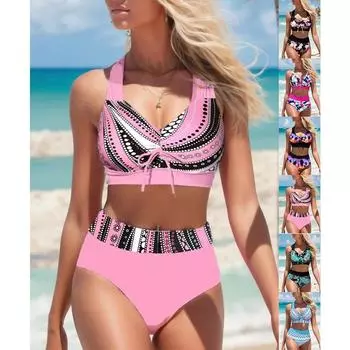 Новый сексуальный полосатый принт с лямкой на шее, танкини, бикини, женский купальник, женский купальник из двух частей, пляжное бикини S-5XL S розы красного