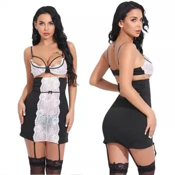 Новый сексуальный соблазнительный кружевной жаккардовый женский разрез юбка на подтяжках секс костюм S