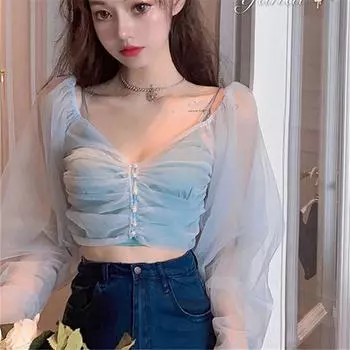 Новый сексуальный темпераментный костюм-двойка, женская весенне-летняя модная сетчатая перспективная солнцезащитная рубашка с v-образным вырезом, синий слинг S