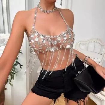 Новый сексуальный топ на бретельках с металлической цепочкой и драгоценными камнями XS серебряный