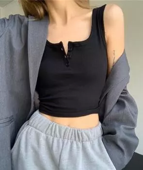 Новый сексуальный топ-топ с пуговицами, ребристый, укороченный, женский, летний, майка с U-образным вырезом, повседневный, без рукавов, укороченный жилетF S чёрный