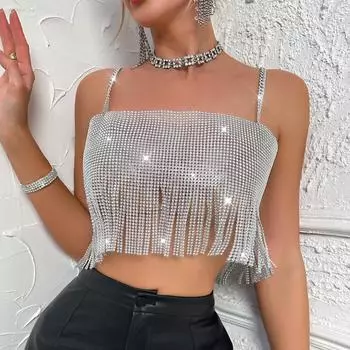 Новый сексуальный топ-труба с бахромой из металлической цепочки и рыболовной сеткой XS серебряный