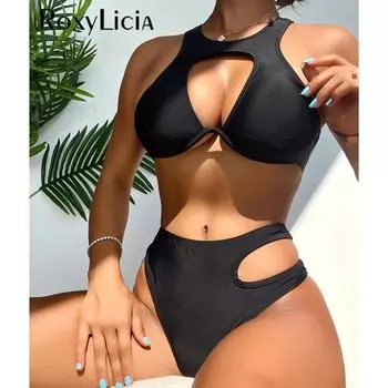 Новый сексуальный вырез на косточках V-образный женский купальник бикини женский купальник из двух частей комплект бикини купальный костюм купальный костюм S чёрный