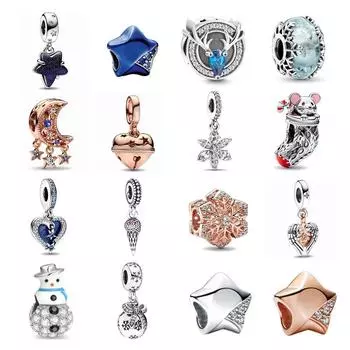 Новый Шарм-амулет с синими звездами S925, стерлинговое серебро, снежинка, подвеска из бисера, подходит для оригинального браслета, женские ювелирные изделия DIY, подарок
