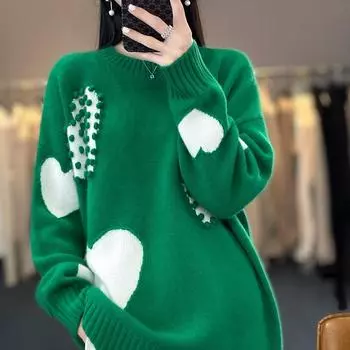 Новый шерстяной свитер, женский жаккардовый пуловер с круглым вырезом в стиле ретро, кашемировый утолщенный свитер, свободный вязаный низ свитера S