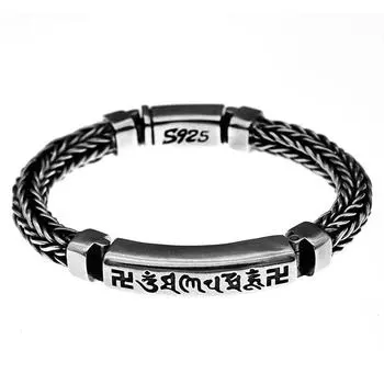 Новый шестисимвольный серебряный браслет ручной работы с мантрой, мужской толстый тайский серебряный хипстерский браслет в стиле ретро, индивидуальный мужской браслет 18cm
