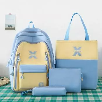 Новый школьный рюкзак для девочек, универсальный кампусный рюкзак большой вместимости для учениц средней школы, контрастного цвета, легкий рюкзак для репетиторства, набор из четырех предметов синий