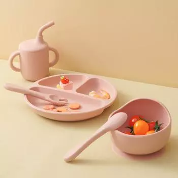 Новый силиконовый набор для кормления детей без содержания бисфенола А, миска на присоске, столовая посуда, тарелка, чашка с трубочкой, ложка, вилка для детей, детская посуда