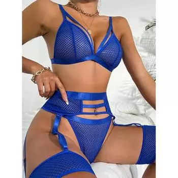 Новый синий горячий эротический сетчатый комплект нижнего белья женское сексуальное нижнее белье + подвязка + трусики комплект женского нижнего белья сексуальный костюм порно экзотические костюмы S