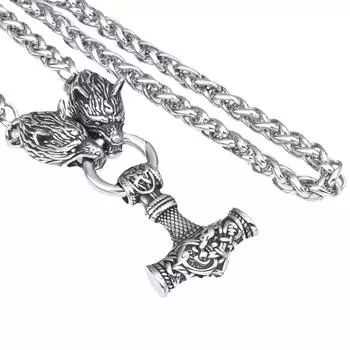 Новый скандинавский викинг из нержавеющей стали с головой волка Молот Тора кулон ожерелье мужские ювелирные изделия 40CM