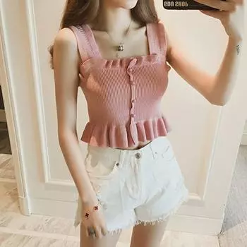 Новый сладкий дизайн грибка ледяной шелк трикотажный тонкий короткий верхняя одежда широкий топ без рукавов женский летний топ One size