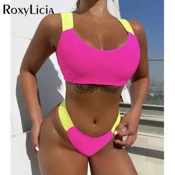 Новый сплайсинг, стринги с высоким вырезом, женский купальник, женский купальник, комплект бикини из двух частей, купальный костюм, купальный костюм для леди S розовый
