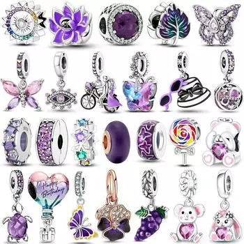 Новый Стерлингового Серебра 925 Фиолетовый Бусина Цветок Висячие Подвески Подходит Браслет И Ожерелье 925 Ювелирных Изделий Изготовление Подарков