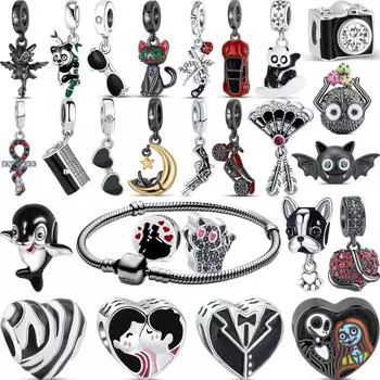 Новый стерлингового серебра 925 пробы, черный стиль, милый кот, панда, очки, сумка, изящные бусины для камеры, подходят к оригинальному браслету-подвеске, ювелирные изделия «сделай сам»