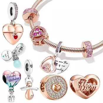 Новый Стерлингового Серебра 925 Розовое Золото Пара Подвески Подходят 925 Оригинальный Женский Браслет Бусины Подвеска для Подвески Ожерелья Ювелирные Изделия