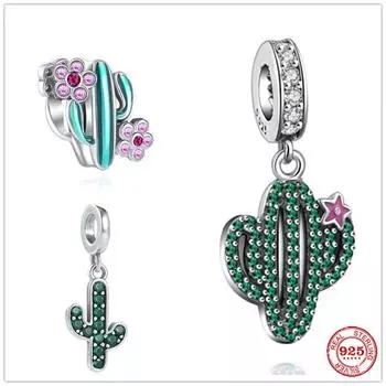 Новый Стерлингового Серебра 925 Сверкающий Зеленый Кактус Подвеска Шарм Бусина для Женщин Подходит Модный Браслет DIY Ювелирные Изделия