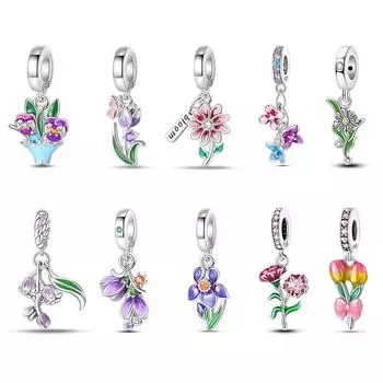 Новый Стерлингового Серебра 925 Весна Тюльпан Анютины Глазки Подвески Из Бисера Подходит Оригинальные Браслеты 925 Изящных Ювелирных Изделий DIY Подарок На День Рождения
