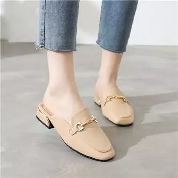 Новый стиль элегантные женские дизайнерские туфли с круглым носком из металла милые черные женские мюли пляжная обувь для улицы Zapatos Mujer 37 бежевый