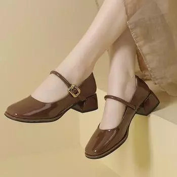 Новый стиль, элегантные женские повседневные туфли Мэри Джейн из лакированной кожи на сладком среднем толстом каблуке, одинарные туфли на среднем каблуке с квадратным носком и неглубоким носком для женщин 34
