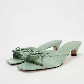 Новый Стиль Банты Атласные Сандалии-Шлепанцы Надеть Однотонный Модный Элегантный Лаконичный Милый Вечеринка Женская Обувь Квадратный Носок Тонкий Каблук 35