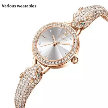 Новый стиль браслета с головой леопарда с модным темпераментом, инкрустированный сверкающими драгоценностями и полными бриллиантов водонепроницаемыми часами для женщин