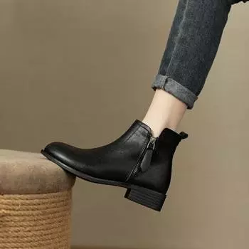 Новый стиль, британские короткие ботинки из мягкой кожи с круглым носком и боковой молнией, универсальные модные ботильоны на толстом каблуке 35