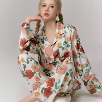 Новый стиль, цветочные вышитые брюки для весны и лета, облегающие, с длинными рукавами, домашняя одежда, женские пижамы, милый стиль M