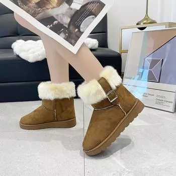 Новый стиль для осени и зимы, однотонные короткие сапоги-бочонки, пряжка на ремне, женские хлопковые сапоги, теплые зимние сапоги, женская обувь 36 чёрный