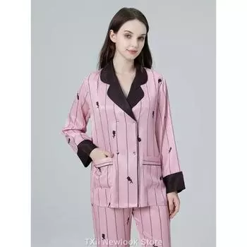 Новый стиль домашней одежды, женская весенне-осенняя двубортная пижама с длинными рукавами и цветочным узором в виде бокала для вина, розового цвета M