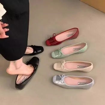 Новый стиль французский внутренний увеличенный одинарные туфли женские модные квадратная голова толстый бант с юбкой маленькие кожаные туфли мягкие подошвы 35 красный
