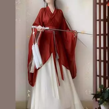 Новый стиль ханьфу женский стиль вэйцзинь большой рукав воротник в стиле ханьфу костюм фасонное платье рваное платье праздничное игровое платье S красный