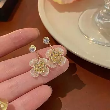 Новый стиль, инкрустированные ракушками, серьги с цветами и бриллиантами, легкие, роскошный модный дизайн, персонализированные серьги для женщин