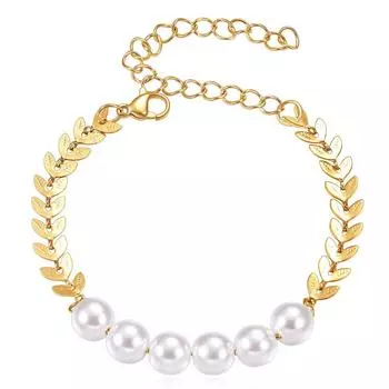 Новый стиль Ins, модный браслет из титановой стали с инкрустацией из искусственного жемчуга, женский легкий роскошный орнамент с листьями, женский орнамент золотой