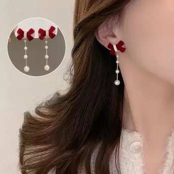 Новый стиль кисточкой длинные красные бархатные серьги с жемчугом и бантом для женщин ювелирные изделия