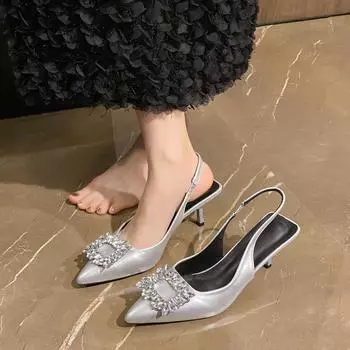 Новый стиль, летняя мода, простые, заостренные пуговицы, неглубокие, вечерние туфли, ремешок сзади, пряжка, толстый удобный каблук, сандалии для женщин 35 чёрный