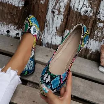 Новый стиль, мода, лето, женская удобная повседневная обувь, туфли на плоской подошве с неглубоким носком, мягкая подошва, заостренный носок, открытые туфли со змеиным принтом 36 синий