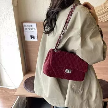 Новый стиль, модная сшитая маленькая ароматная ромбовидная цепочка, высокая фактура, сумка через плечо, бархатистая маленькая квадратная сумка