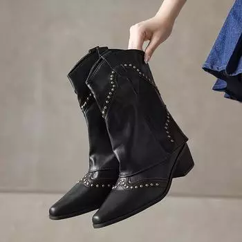 Новый стиль, модные женские туфли на низком каблуке в ковбойском стиле, роскошные кожаные туфли до колена в стиле вестерн, роскошные дизайнерские готические туфли в стиле рок, винтажные туфли 35