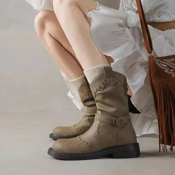 Новый стиль, модные женские винтажные коричневые кожаные женские ковбойские сапоги на платформе, рыцарские, с заклепками, панк, ковбойские, зимние женские сапоги 35 абрикосовый