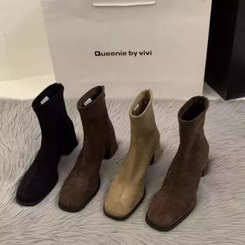 Новый стиль, модные женские винтажные женские тонкие ботильоны, модные элегантные туфли с квадратным носком, осенние женские короткие сапоги на высоком каблуке 35 чёрный