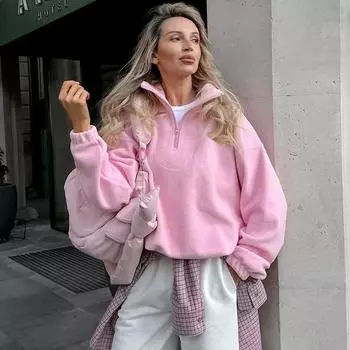 Новый стиль Модный свободный пуловер Худи Флисовая блузка Толстовка Уличная одежда Женская S розовый