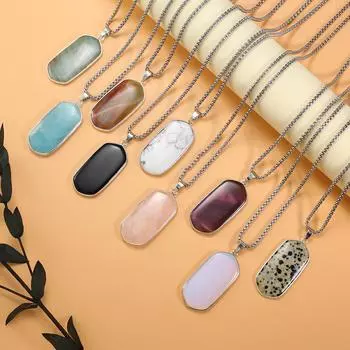 Новый стиль ожерелье натуральный камень аметист/агаты прямоугольное ожерелье с подвеской для подарка на день рождения цепочки 60 см Rose Quartz/43x22mm