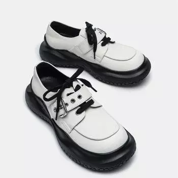 Новый стиль, повседневные маленькие кожаные туфли с большой головкой и толстой подошвой, женские универсальные модные женские туфли из натуральной кожи на шнуровке с толстой подошвой 35 белый