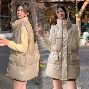 Новый стиль, пуховый хлопковый жилет средней длины с большим карманом и однотонным вырезом M чёрный