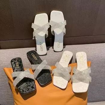 Новый стиль, роскошный дизайн, женские тапочки со стразами на плоской подошве, модные женские тапочки для отдыха на природе, повседневная пляжная удобная обувь 35 бежевый