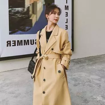 Новый стиль тренчкота для женщин, весна и осень, универсальное повседневное пальто цвета хаки для женщин, длинное выше колена, свободное пальто большого размера S