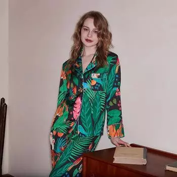 Новый стиль удобной пижамы Ice Silk для женщин с отворотом, весенняя и летняя домашняя одежда с длинными рукавами M